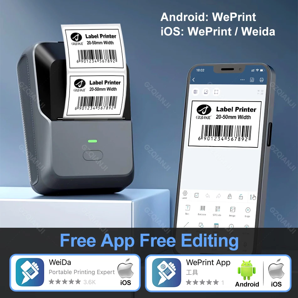 Thermal Label Printer Portable Handheld Labels Maker Bluetooth Barcode QR Code Sticker Paper Rolls Labeller Pure White Tag