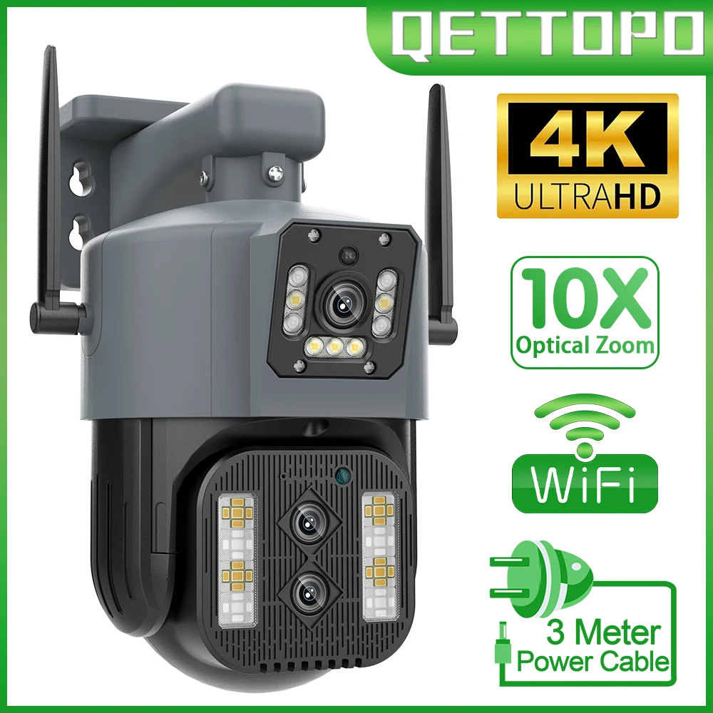 

Qettopo 4K 8MP PTZ Triple Lens Dual Screen IP Camera 10x Optical Zoom WiFi Outdoor Security Camera Night Vision Auto Tracking