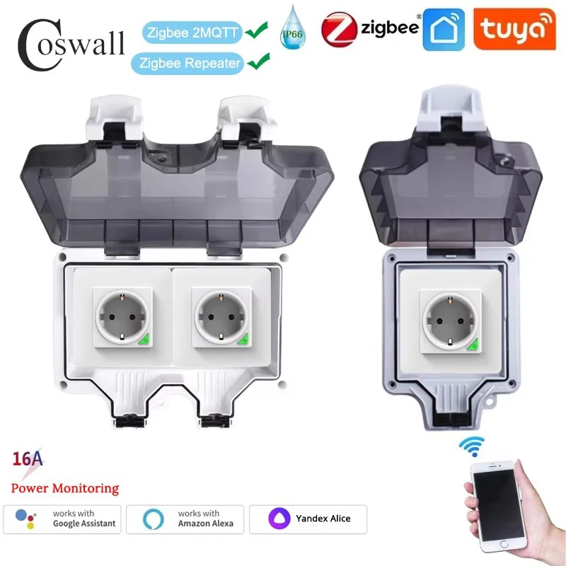 COSWALL Waterproof EU Smart Socket, IP66 Tuya WIFI Zigbee timer switch programmable with power monitoring function white