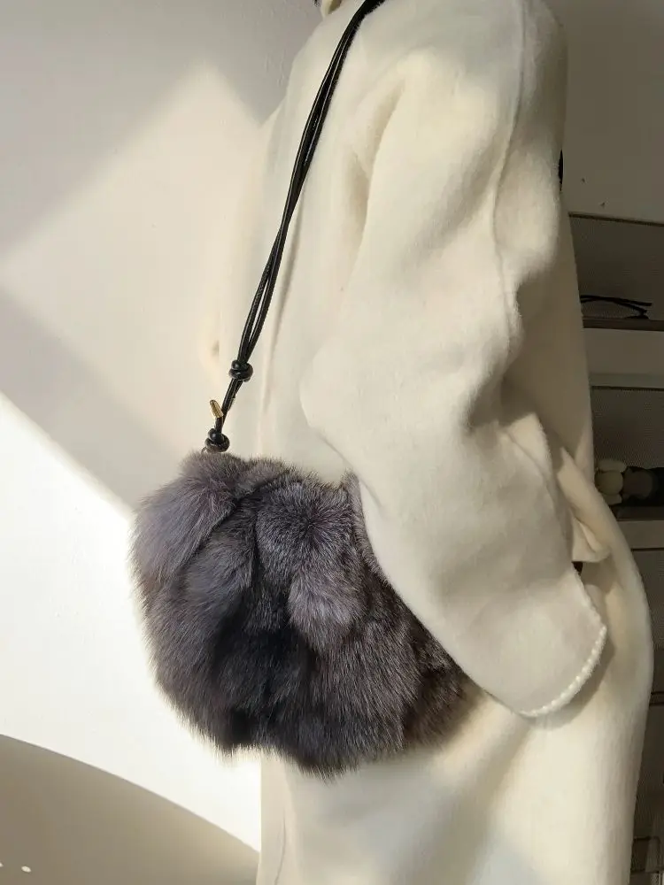 Bolsa cuadrada pequeña Natural de pelo de zorro azul para mujer