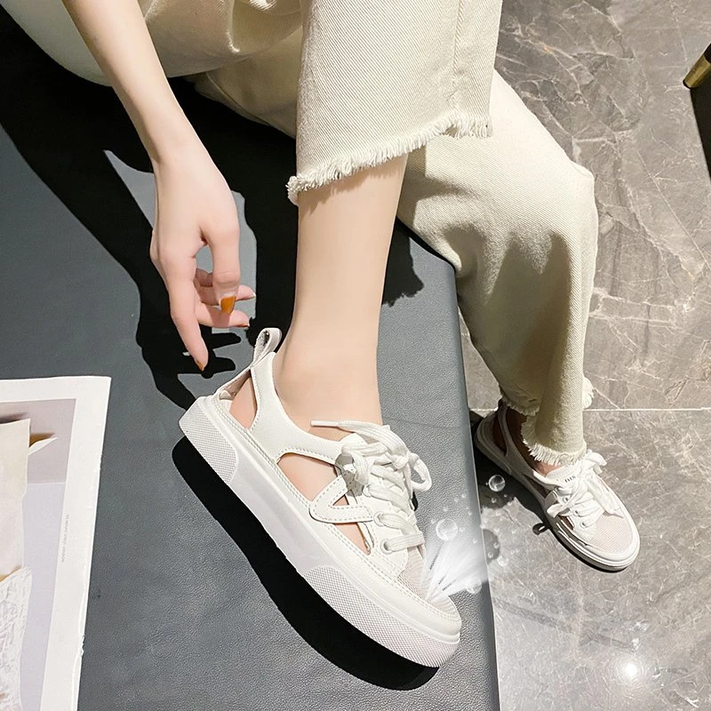 New Women's White Casual Shoes Fish-mouth Sandals Metal Decorative Transparent Breathable Mesh Shoes Large Zapatos Para Mujer