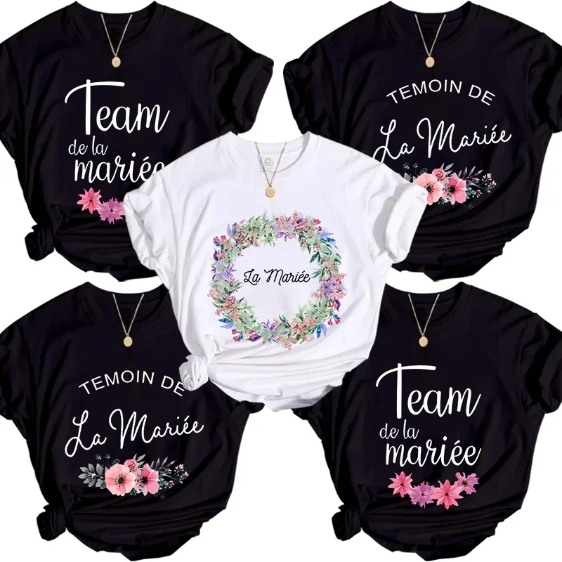 Temoin De La Mariee 여성용 꽃무늬 화환 신부 들러리 티셔츠, 팀 신부 티셔츠, 웨딩 파티 상의, 신부 샤워 선물