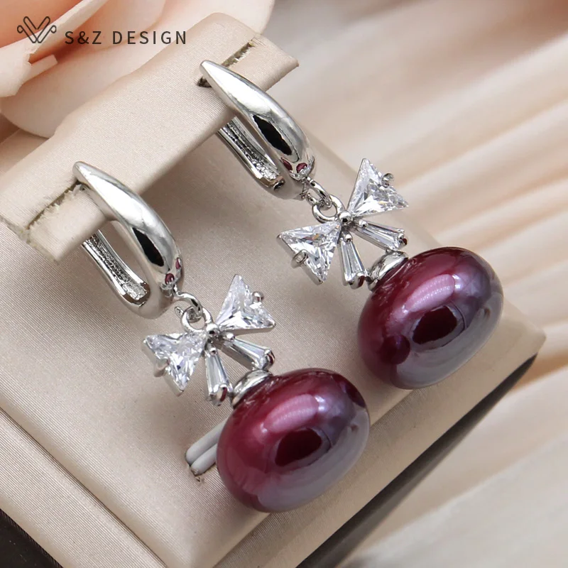 S&Z DESIGN New Fashion Cubic Zirconia Bowknot Wine Red Round Beads Dangle Earrings For Women Wedding 585 Rose Gold Color Jewelry