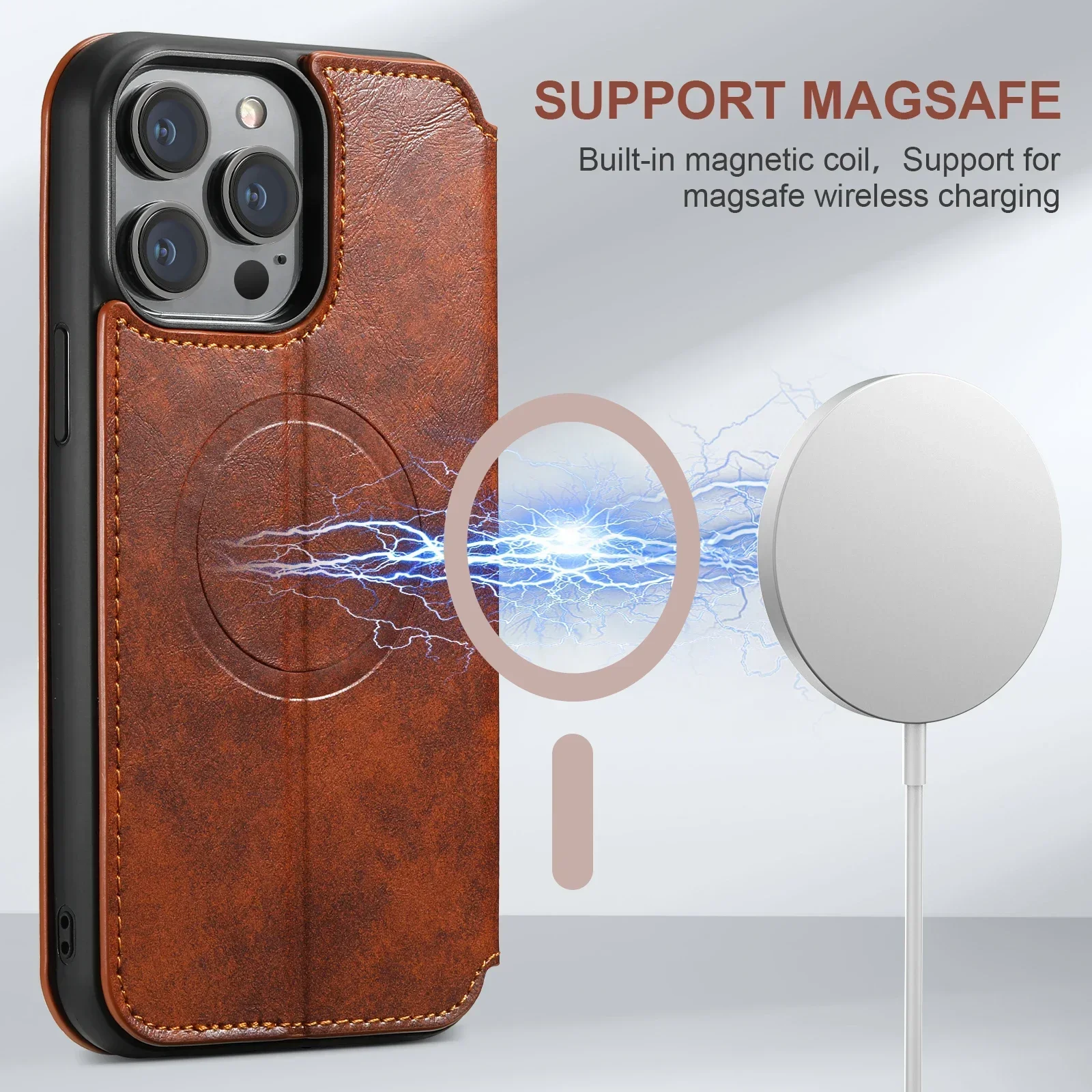 Magnetic Leather Wallet Phone Case with Wireless Charging & Kickstand
