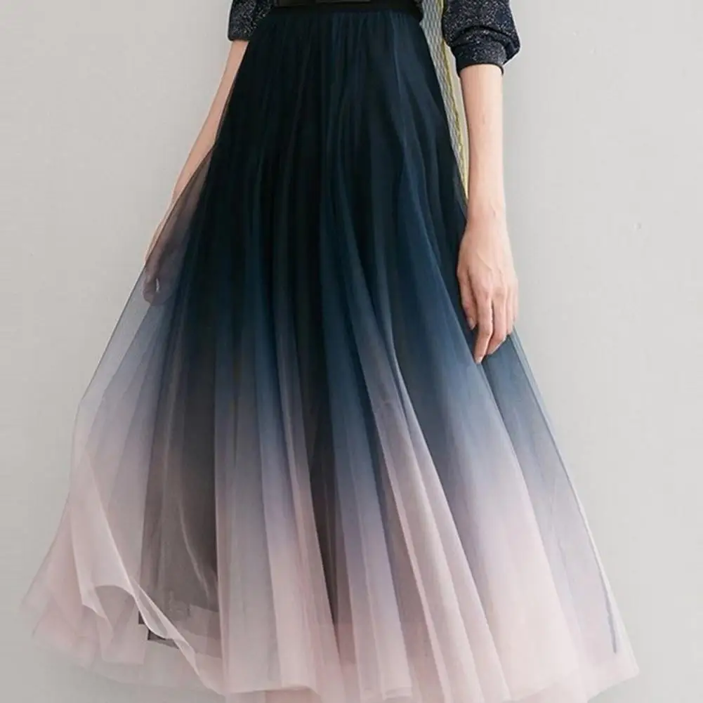 

Elastic Waist Skirt Gradient Color Skirt Stunning Gradient Pleated Tulle Maxi Skirt High Waist Elastic Waistband Loose for Women