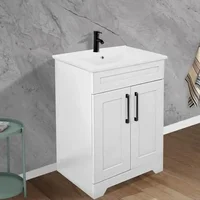 24" White Bathroom Vanity Cabinet Ceramic Sink Combo Double Door Storage Matte Black Faucet Freestanding Modern Style Oversize 1