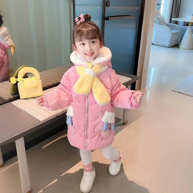 Girls& Cotton Jacket Winter 2023 New Sweet Lovely Reindeer Horn Hooded With Scarf Children&s Clothes Plush Pink Warm