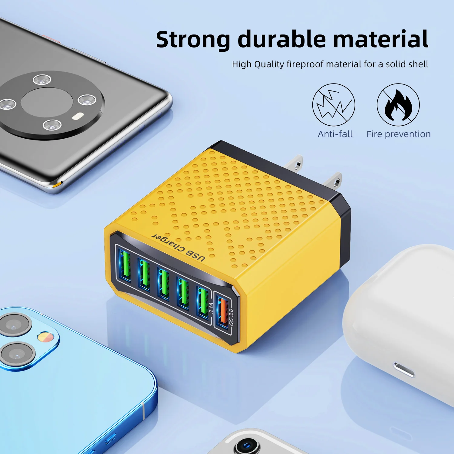 USLION 3.1A 6Ports USB Charger Fast Charging Adapter For Xiaomi iPhone 15 14 POCO Mobile Phone EU US Plug QC 3.0 Travel Charger