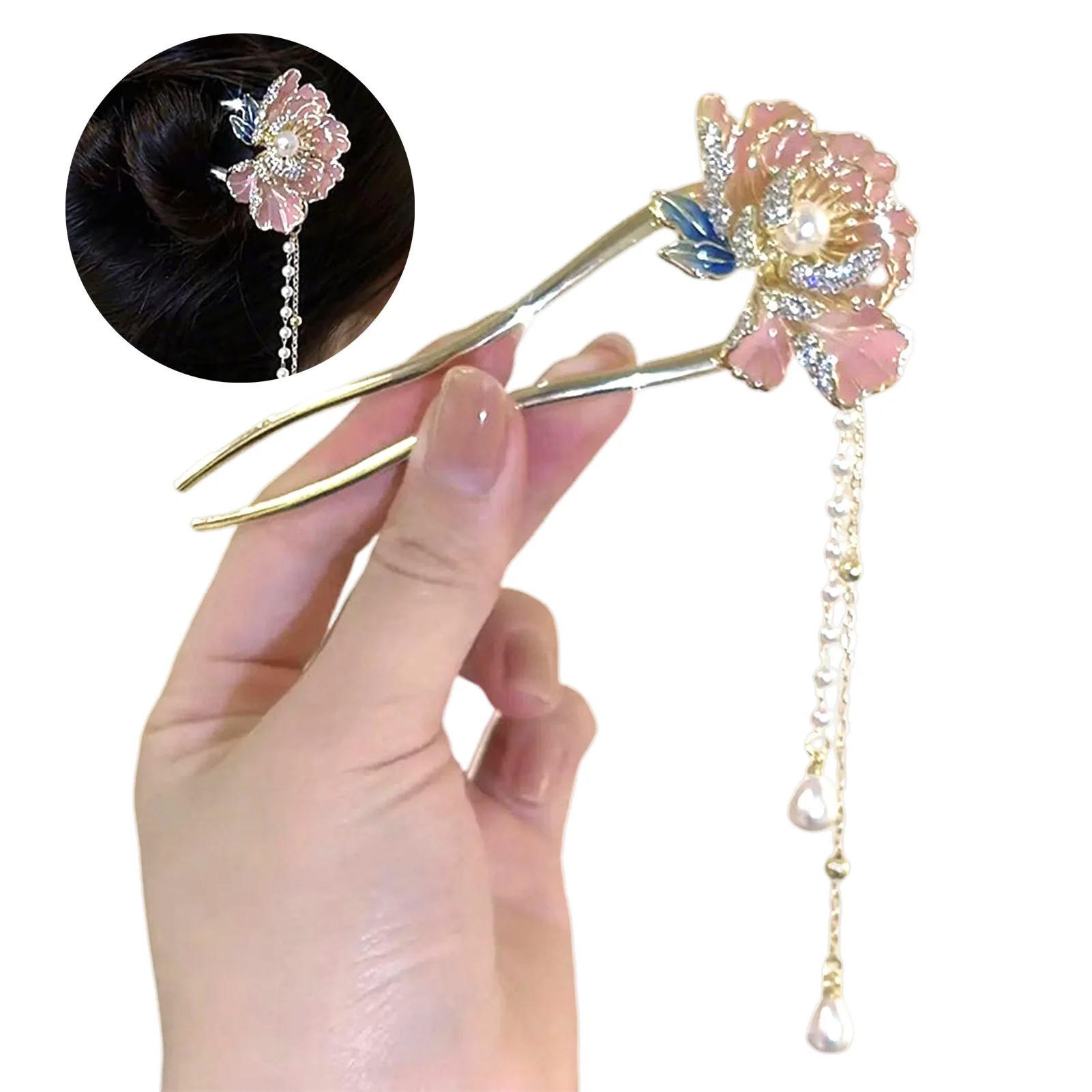 U Form Pfingstrose Haarnadel Emaille Blume Haar Clips Chinesischen Stil Haar Sticks Frauen Mädchen Lange Quaste Hanfu Schmuck Haar Zubehör – Detail 8