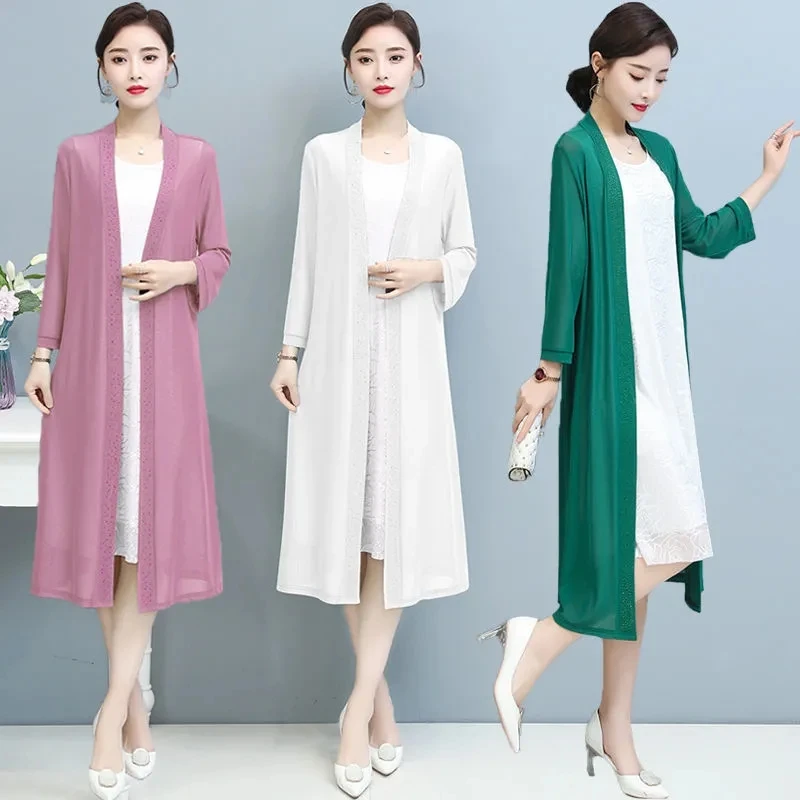 Women Summer Sun Protective Clothing 2022 New Female Thin Ice Silk Coat Mid-length Net Yarn Cardigan Tops K2054 |