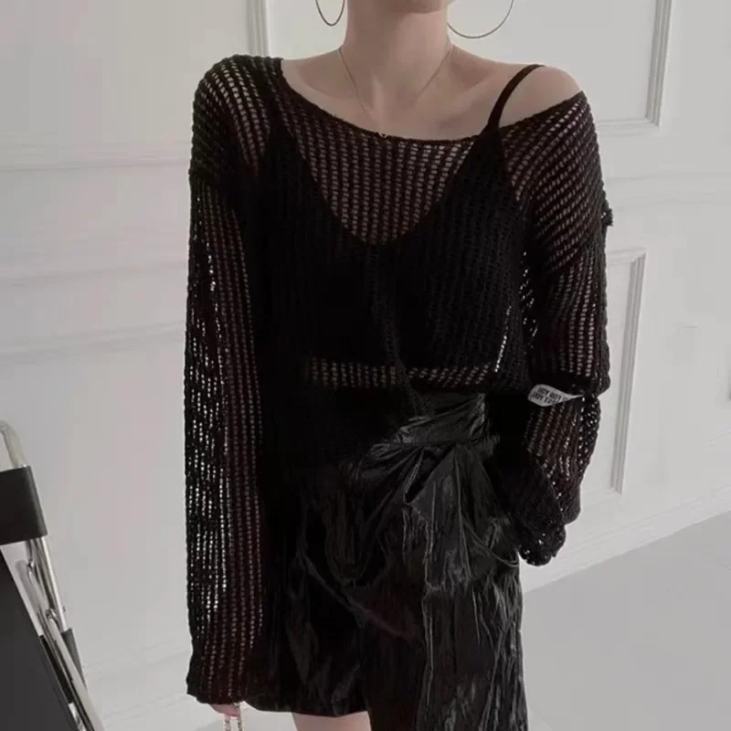 Korean Fashion Hollow See Through Sunscreen Knit Covers UpRound Neck Loose Casual Women Blouse Long Sleeve Simple Thin Shirts