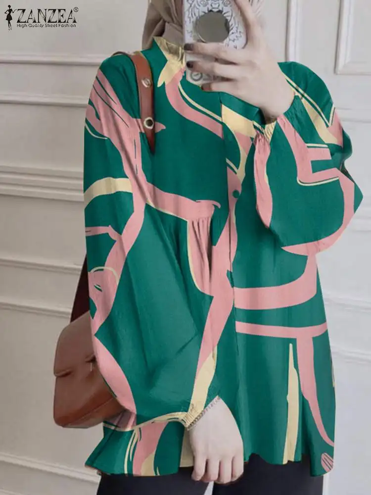 

Богемные Осенние Топы для женщин, модная рубашка с круглым вырезом и длинным рукавом, Цветочная рубашка ZANZEA, мусульманский хиджаб, блузка, винтажные Блузы с принтом на пуговицах