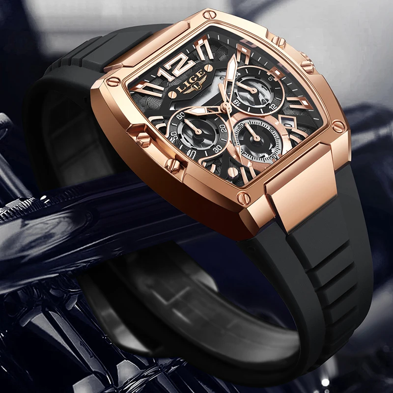 LIGE New Luxury Black Silicone Watch Men Square Big Dial Chronograph Wrist Watches For men Waterproof Military Quartz Men Watch