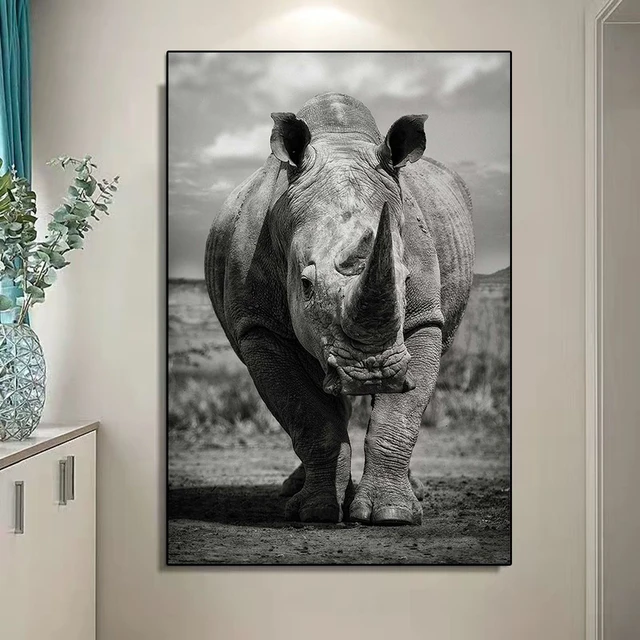 Affiche d'art de rhinocéros noir et blanc, impression moderne, peinture sur toile animale rétro, art mural nordique, peinture murale, salon, décor à la maison 1