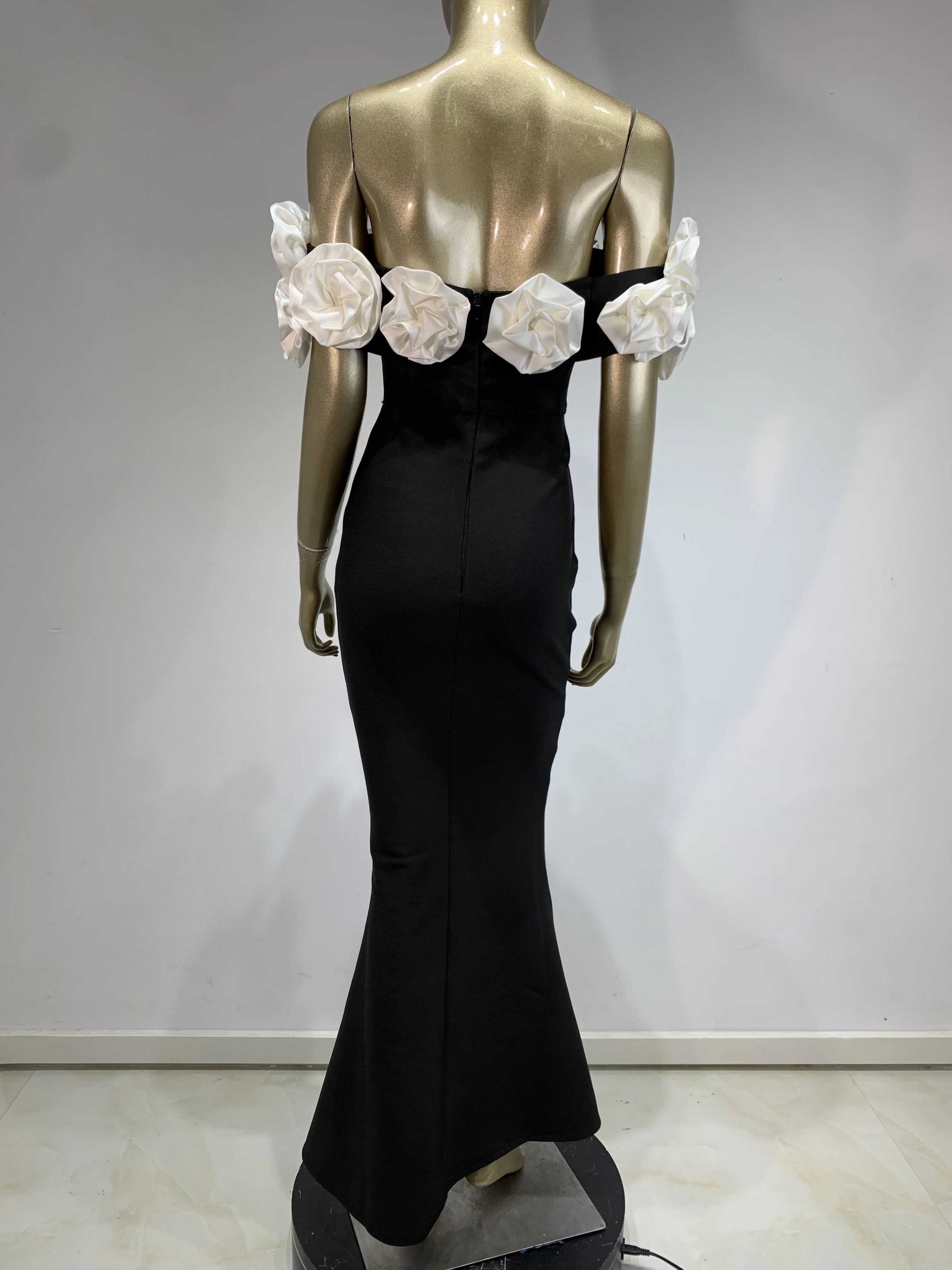New Cocktail Dress Elegant Party Evening Celebrity Prom Gown Sexy Black Bandage Flower Backless Off Shoulder Long Dresses