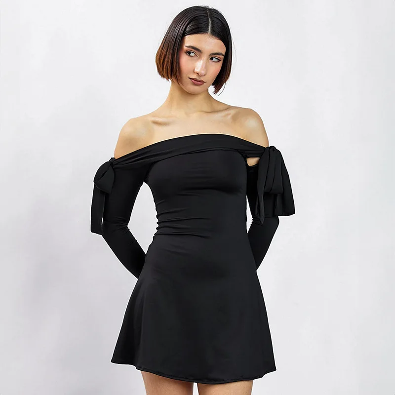 JULISSA MO 2025 Autumn Fashion Strapless Long Sleeve Bow Mini Dress For Women Sexy Slim A-line Outfits Solid Patchowrk Dress New