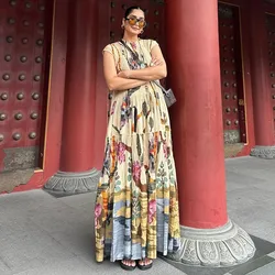 Elegant Pleated Long Lantern Sleeve Dress - O-neck Loose Holiday Beach Dress - M (C pleat print dress)