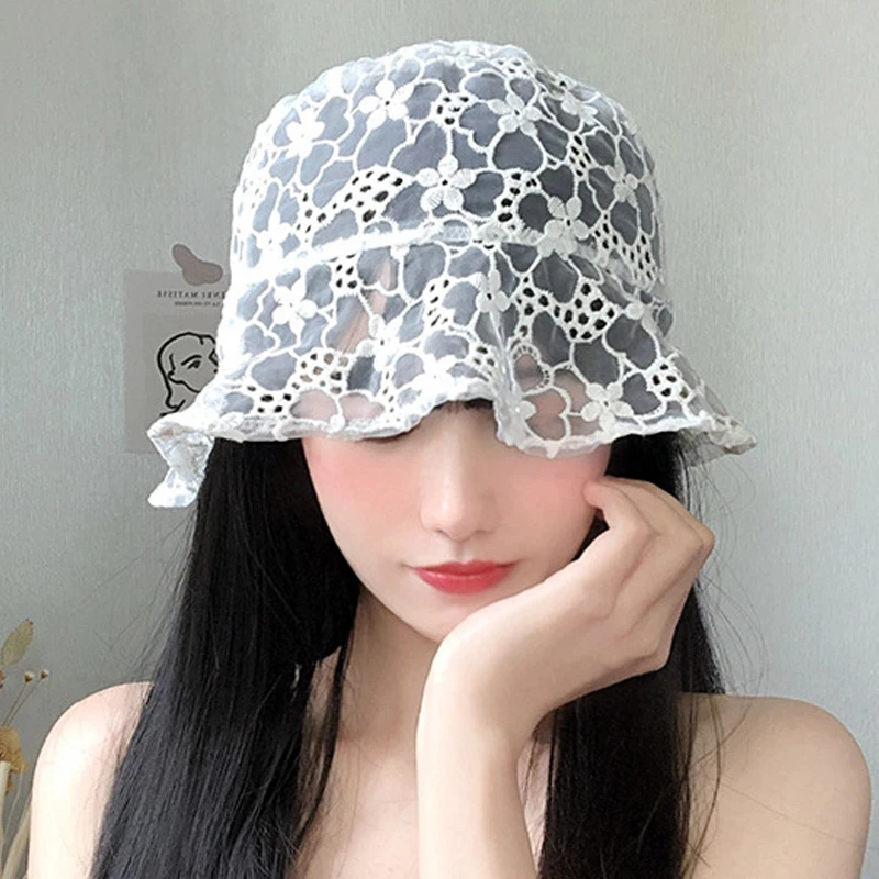 

Lace Flower Bucket Hat Women Summer Thin Breathable Hollow Panama Basin Cap Korean Girls Sunshade UV Beach Sun Hats Accessories