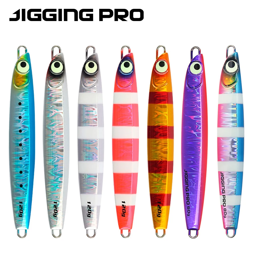 JIGGING PRO Slow Pitch Jigs 60g 80g 100g 120g 160g Lange Casting Metall Jig Boot meer Angeln Köder Leuchtende Künstliche Köder