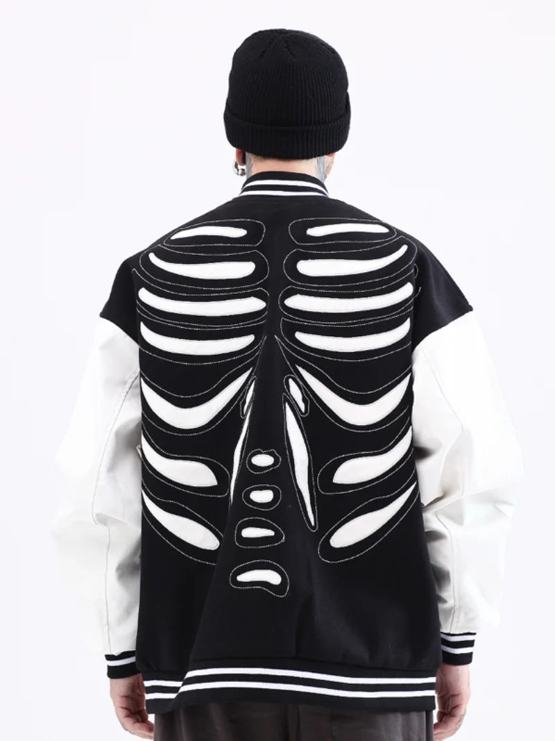 Mens Streetwear Jacket Bone Skeleton Baseball Bomber Jacket Retro Jacket Coat Hip Hop Harajuku Loose Jacket Oversized Unisex
