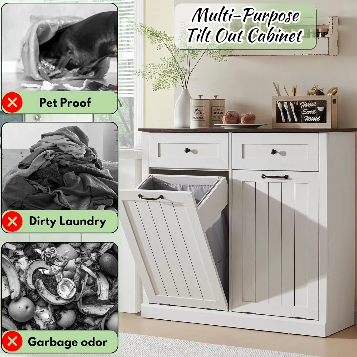 Description Picture 5 of itemDouble Tilt Out Laundry Hamper Cabinet, 20 Gallon Farmhouse Trash Can Cabinet with Drawer, Hidden Wood Garbage Can Bin Cabinet