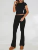 European and American Women's Spring Summer Casual Solid Color Slim Fit Short Sleeved Pants Set 5