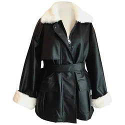 Winter Women Leather Jacket Faux Rex Fur Inside Warm Soft Tops Thickened Fur Lined Coat Long Sleeve Casual Comfortable Jacket