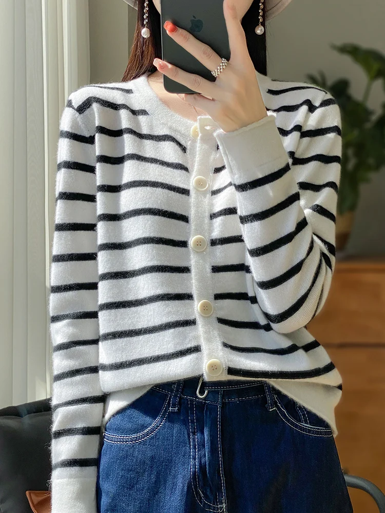 

New Chic Long Sleeve O-Neck Cardigan Women Sweater High Quality 100% Merino Wool Stripes Knitwear Spring Autumn Women Clothing