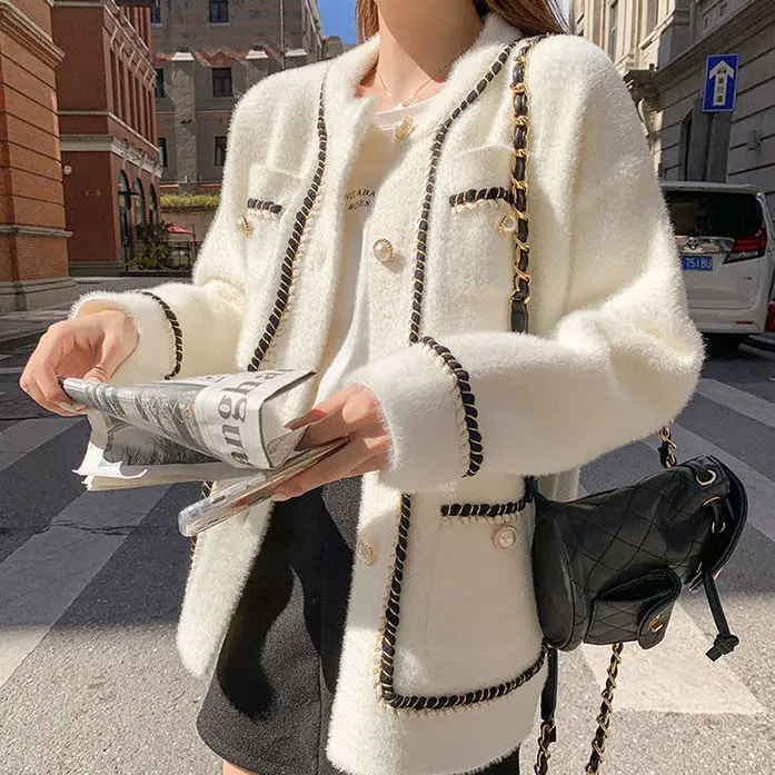 White Mink Cashmere Sweater Coat Women Autumn Winter Lazy Style Female Korean Retro Black Loose O Neck Knitted Cardigan Fashion autumn retro lapel color stripe contrast color tb small suit women s knitted cardigan coat lazy style new short style