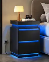 Black Nightstand with Charging Station and LED Lights, Bedside Table with 2 Wooden Drawers and Sliding Top, Modern, Customized