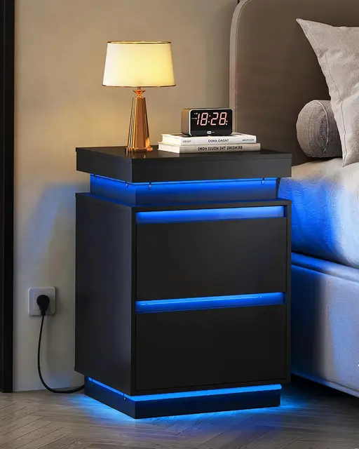 Black Nightstand with Charging Station and LED Lights, Bedside Table with 2 Wooden Drawers and Sliding Top, Modern, Customized