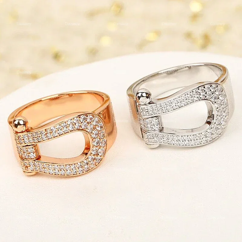 European Hot Selling 925 Sterling Silver Zircon Horseshoe Ring for Women's Fashion Luxury Brand Party High end Design Jewelry