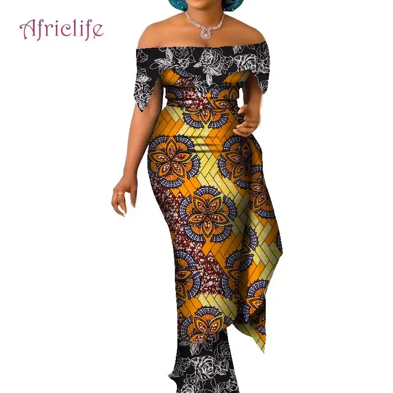 african outfits for ladies African Dresses for Women Traditional Off Shoulder Wax Print Cotton Elegant Lady Plus Size Custom Party Clothing Clothes WY7837 african suit Africa Clothing