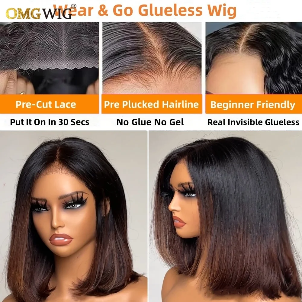 Brown Ombre Pre-Cut Lace Shoulder Lengh Straight Bob Human Hair Wig 360 Lace Glueless Wig With Natural Hairline Brazilian Remy