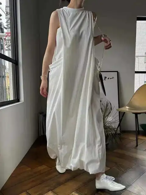 LANMREM Women's Long Dress O Neck Sleeveless Pockets Drawstring Design Zippers Loose Casual Dresses 2025 Spring Fashion 2DC1408