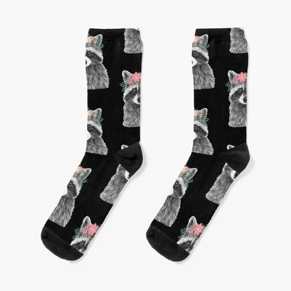 Raccoon Floral Crown Flowers Funny Cute Animal Raccoon Gift Socks anti slip football FASHION Stockings Man Socks Women's