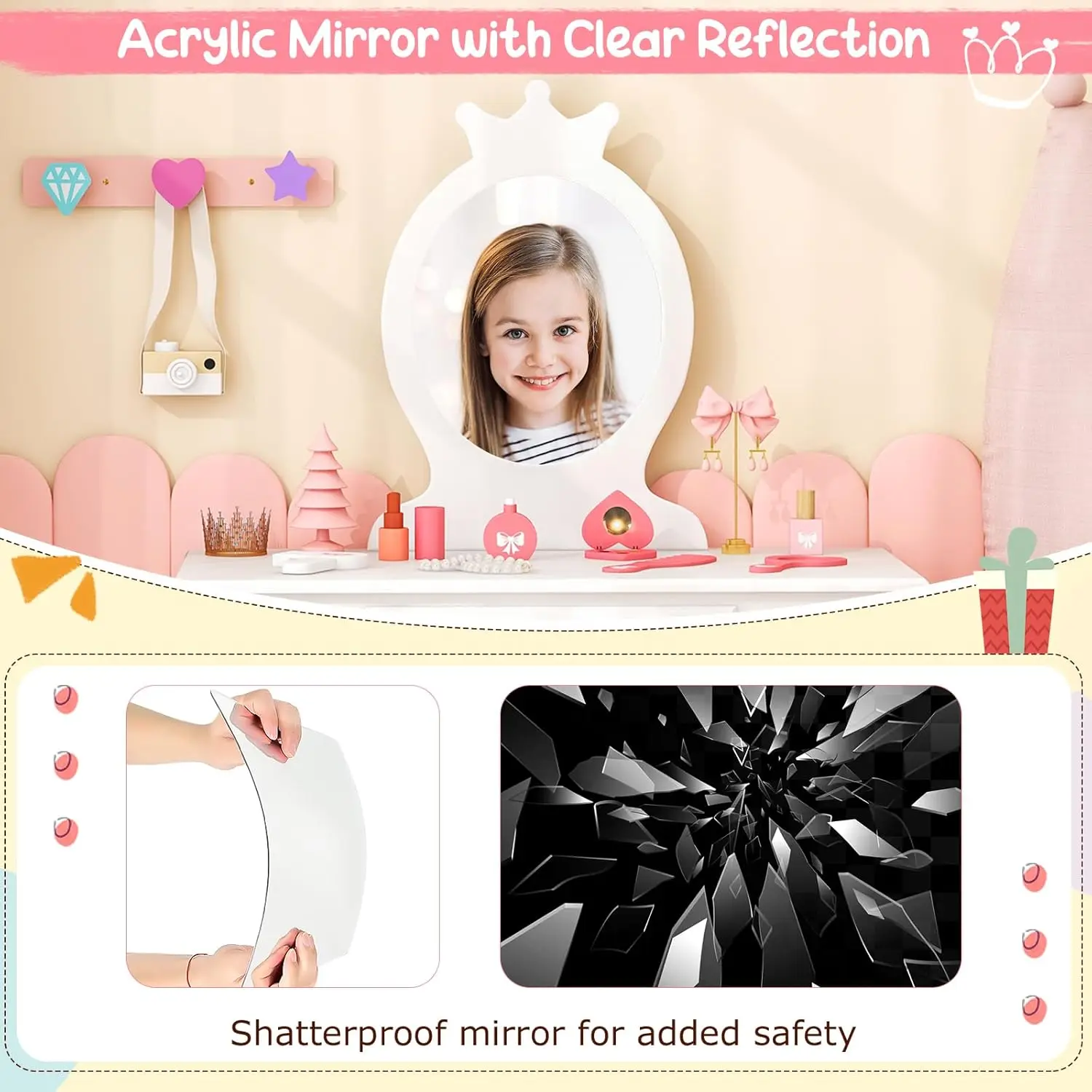 Kids Crown Vanity Set with Mirror & Stool 4