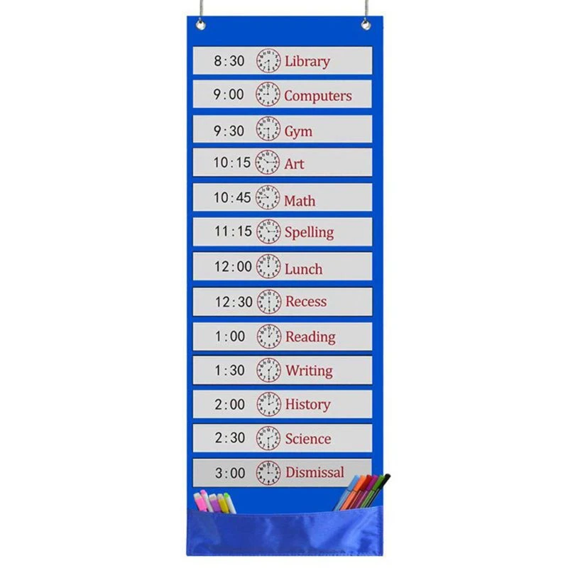 A01F-Children Cloth Daily Schedule Pocket Chart 26 Double-Sided Reusable Dry-Eraser Cards For Office Home School Classroom