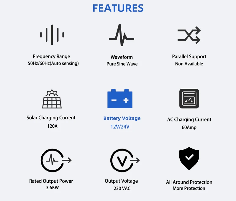 Dual Voltage BMS Inverter 4200W Hybrid Solar Inverter 230V AC Pure Sine Wave LCD Display Auto 12V 24V Solar System 3 Dual Voltage BMS Inverter 4200W Hybrid Solar Inverter 230V AC Pure Sine Wave LCD Display Auto 12V 24V Solar System 3