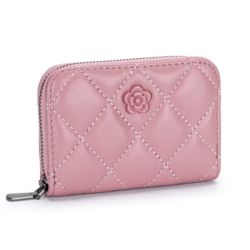 Women Business Card Holder Soft Sheepskin Credit Card Case Zipper Change Pocket Flowers Diamond Money Bag 9 Slots Card Wallet