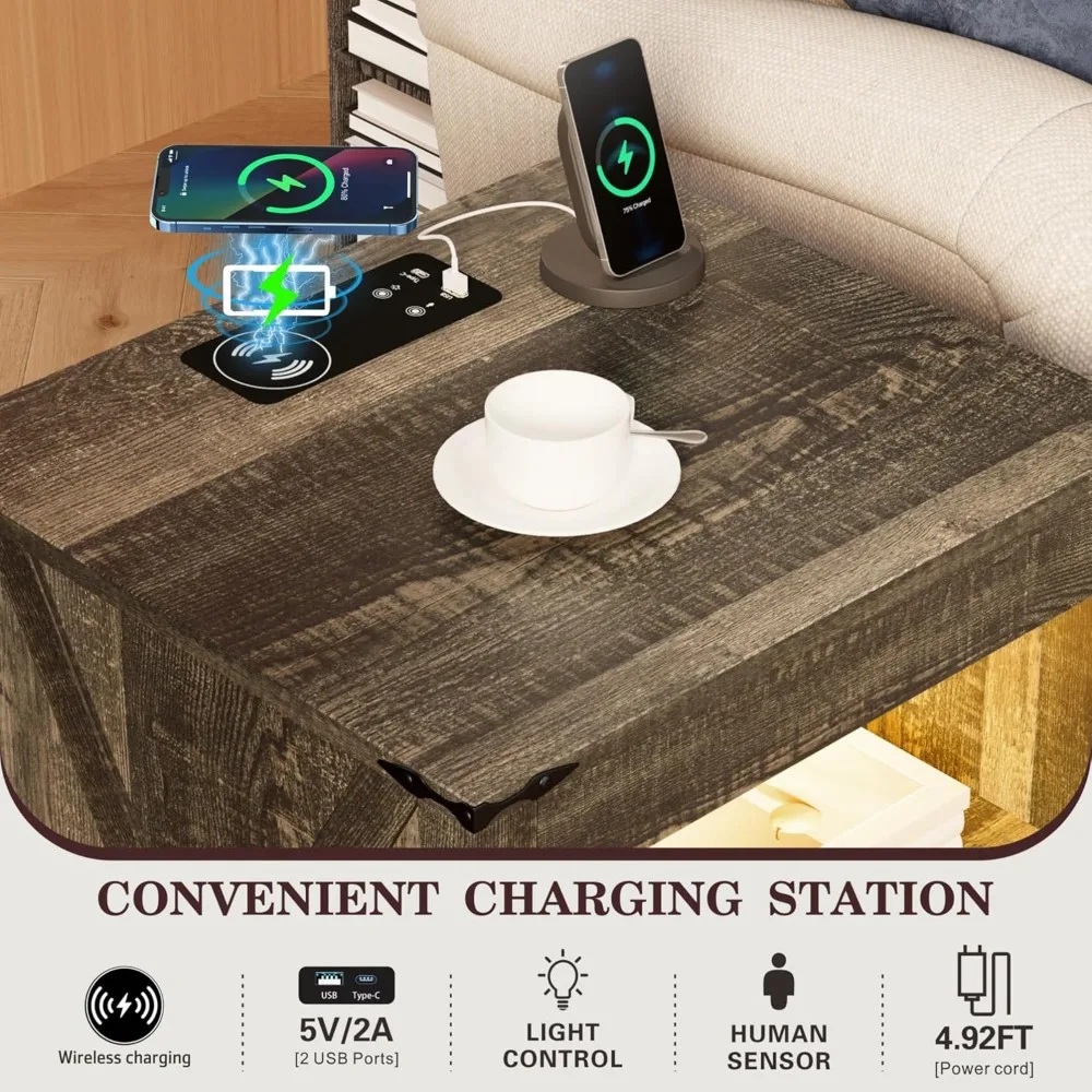 LED Nightstand with Gun Storage Drawer and Hidden Lock, Modern Sensor-Activated Bedside Table with Rustic Style