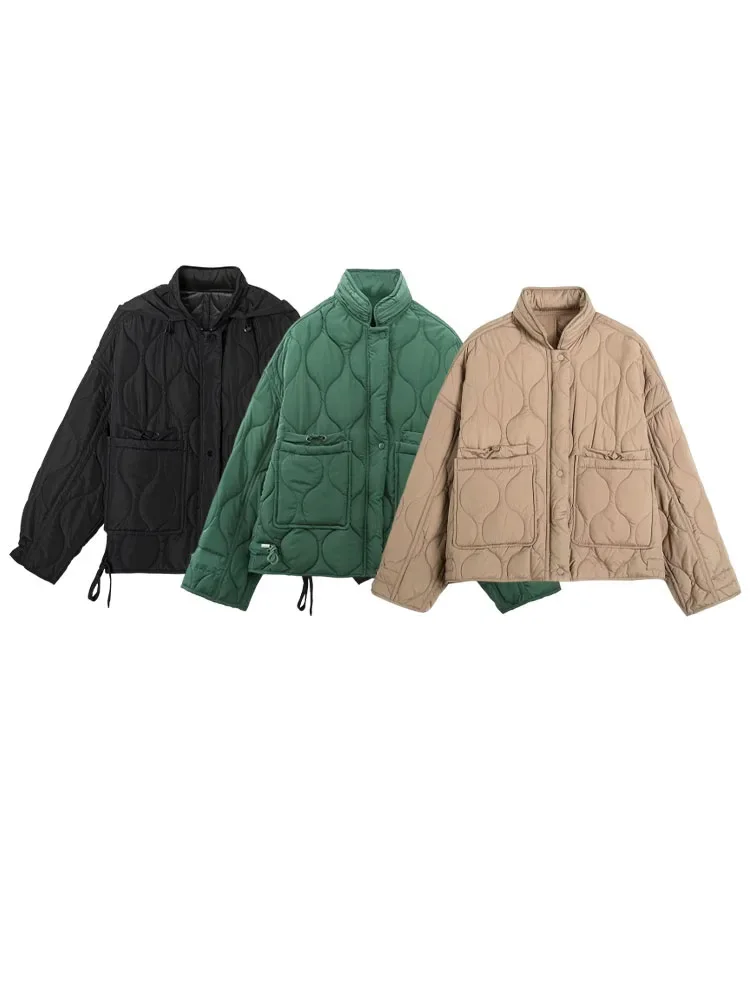 

HH TRAF Winter Women Hooded Warm Jacket Elegant Vintage Long Sleeve Zipper Outerwear Jacket Female Solid Coat Drawstring Tops