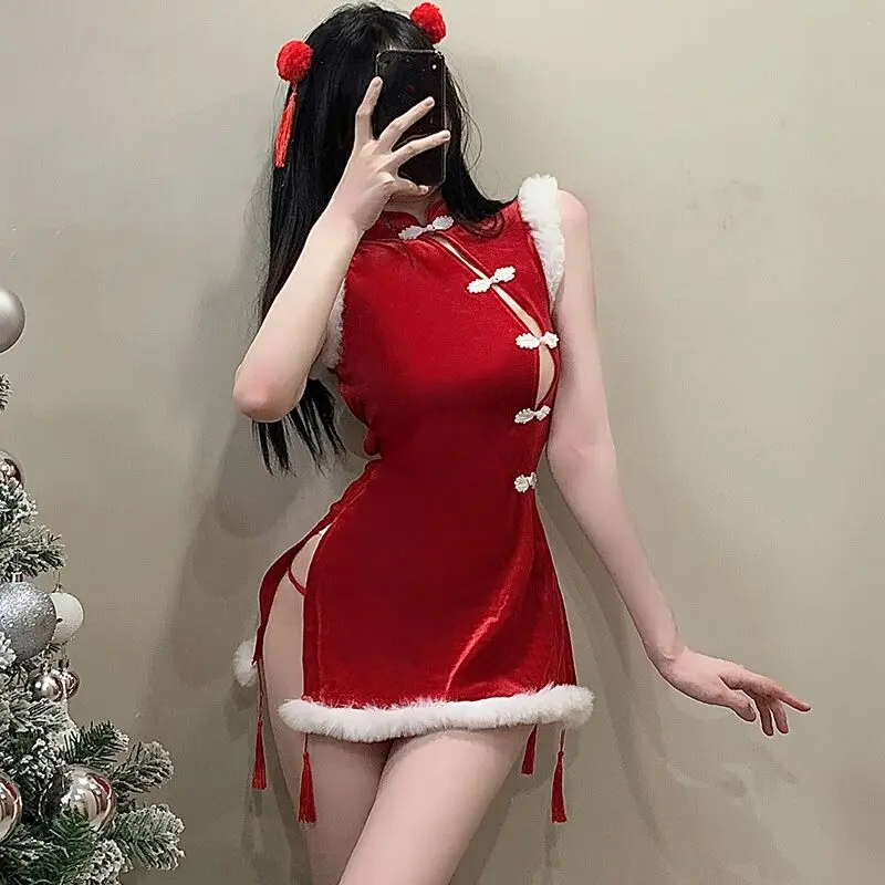 

Female Sexy Underwear Pure Desire Christmas Uniform Chinese Style Improved High Slit Cheongsam Canary Velvet Backless Club Wear