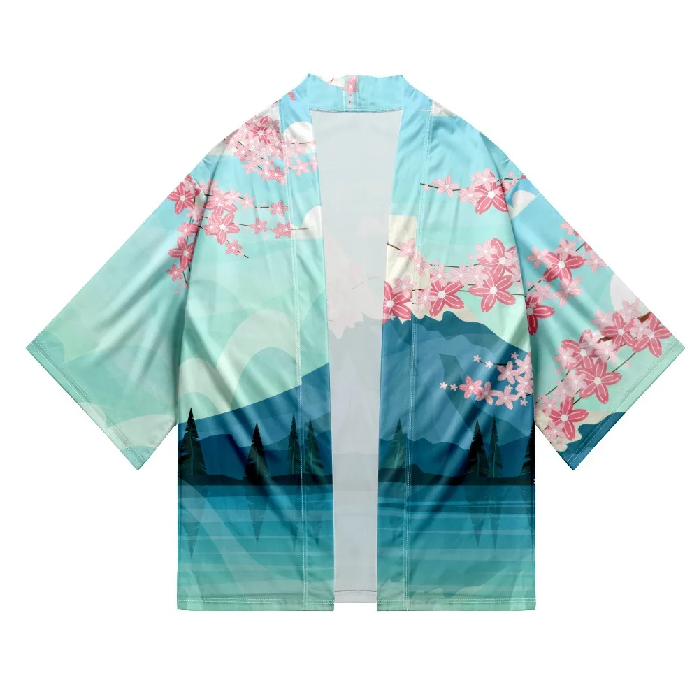 Summer Men Loose Japanese Style 3/4 Sleeve Kimono Traditional Cardigan Haori Women Harajuku Streetwear Shirts