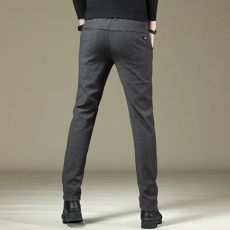 남성용 캐주얼 플리스 정장 바지, 스트리트웨어 패션, 비즈니스 다용도 두꺼운 단색, 헐렁한 스트레이트 바지, 가을 겨울 신상