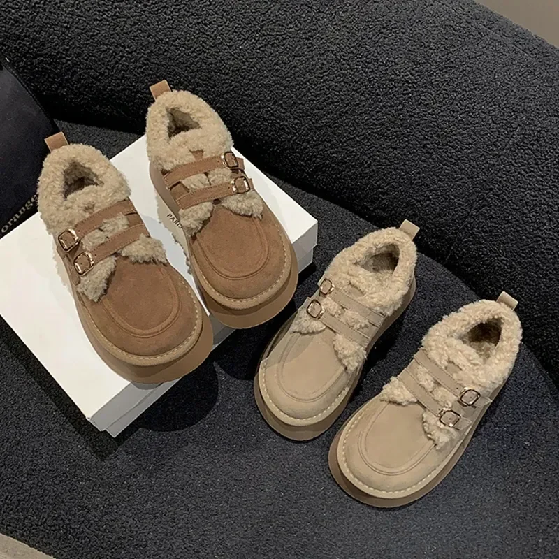 NEW Suede Women Fur Snow Boots 2024 Winter Warm Loafers Shoes New Designer Short Plush Cotton Boots Platform Fashion comfort
