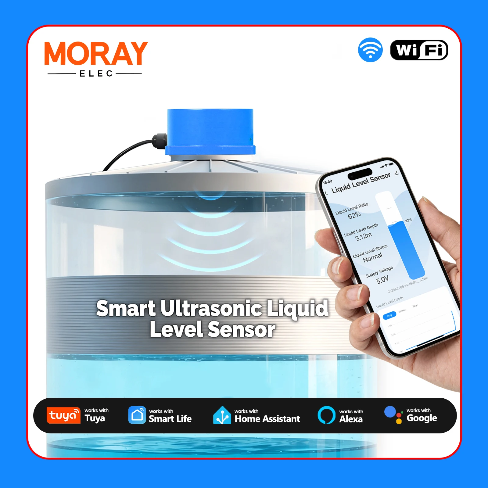 Moray ME201W sans fil Tuya Smartlife APP WiFi capteur indicateur de niveau à ultrasons capteurs de niveau de liquide moniteur de niveau d'eau