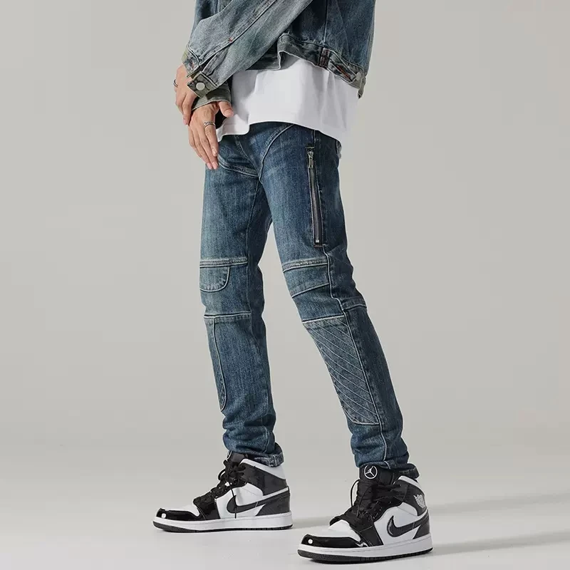 High Street Fashion Men Jeans Retro Blue Elastic Slim Fit Spliced Biker Jeans Men Patched Designer Zipper Hip Hop Pants Hombre