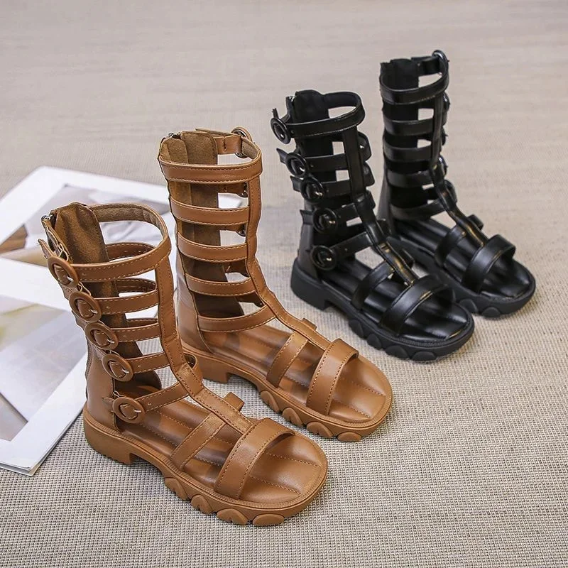 

Summer Solid PU Children Gladiator Sandals Buckle Zipper High Top Girls Sandals Soft Anti Slip Footwear Kids Fashion Shoes