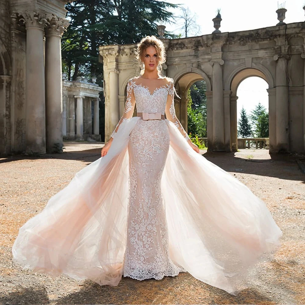

Tulle Mermaid Wedding Dress Robe Mariage Detachable Train Vintage Vestido De Noiva Sereia O-Neck Long Sleeve Sukienka فساتين طوي